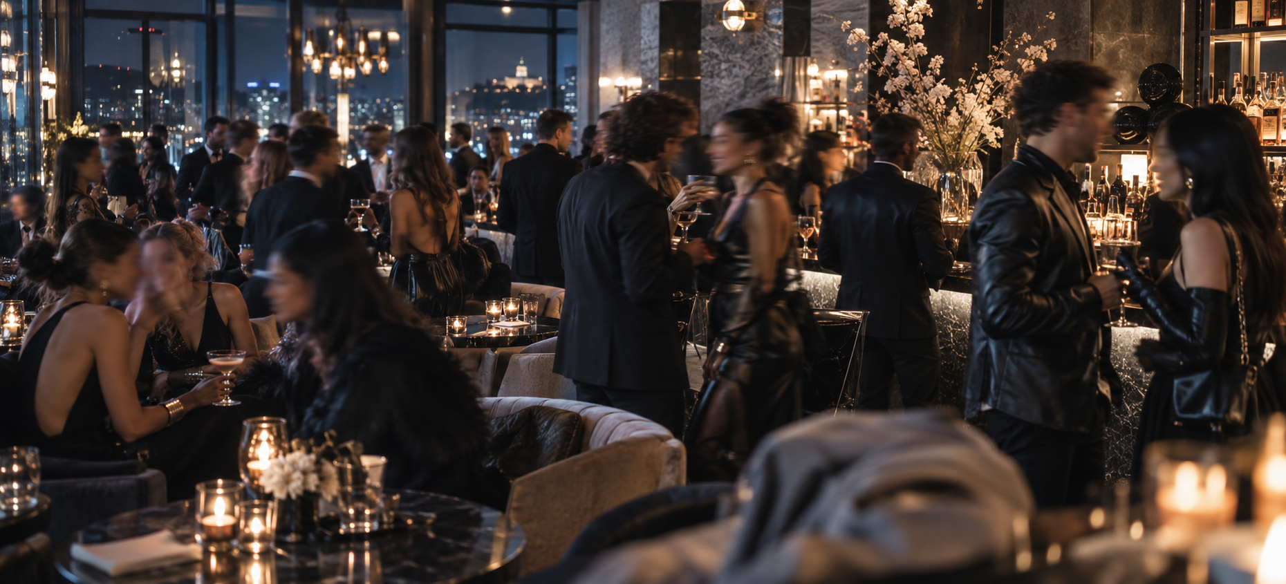 A busy cocktail room of stylish guests in soft focus, talking and drinking